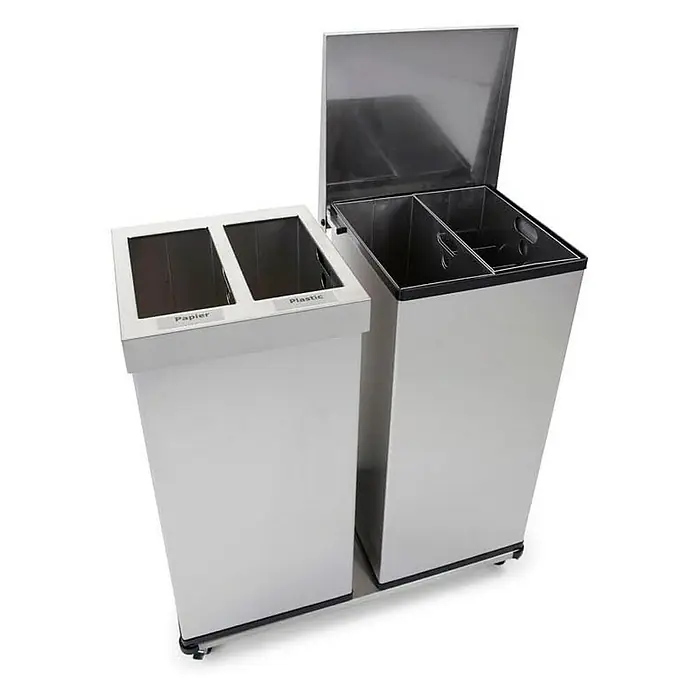 Proregal Standard-Mülleimer Eckiger Edelstahl Abfallbehälter Haiti mit Hebedeckel - 105 l, Edelstahl, Edelstahl / Silber - Abfallbehälter mit zwei Fächern für Papier und Plastik und einem Abfallbehälter mit Deckel, ideal für die Mülltrennung.