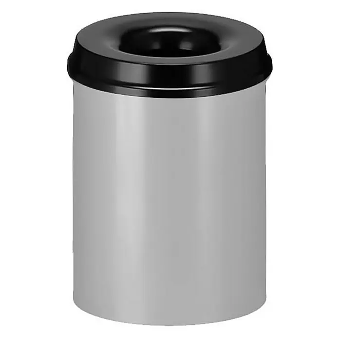 Proregal Papierkorb & Abfallsammler aus Metall selbstlöschend - 15 l, Metall, Alu-Grau, Kopfteil Schwarz - Silberner Papierkorb mit schwarzem Deckel. Der Papierkorb hat ein zylindrisches Design und einen eleganten, modernen Look für Büros oder öffentliche Bereiche.