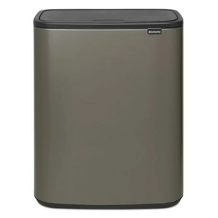 Proregal Sensormülleimer Brabantia Hochwertiger Abfallsammler mit Touch-Öffnung - 60 l, Metall, Platin - Ein moderner, rechteckiger Abfalleimer von Brabantia in einer stilvollen, neutralen Farbe mit einem schwarzen Deckel und einer schlichten Form.