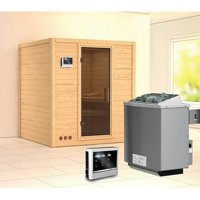 Karibu Elementsauna Mojave - Mit 9 kW Ofen mit externer Steuerung, Ohne Dachkranz, Materialspezifizierung Tür: Ganzglas Graphit, L x B x H: 196 x 196 x 192 cm - Sauna-Set mit Ofen, Steuerung und Holzkabine für entspannende Momente. Ideal für Wellness zu Hause.