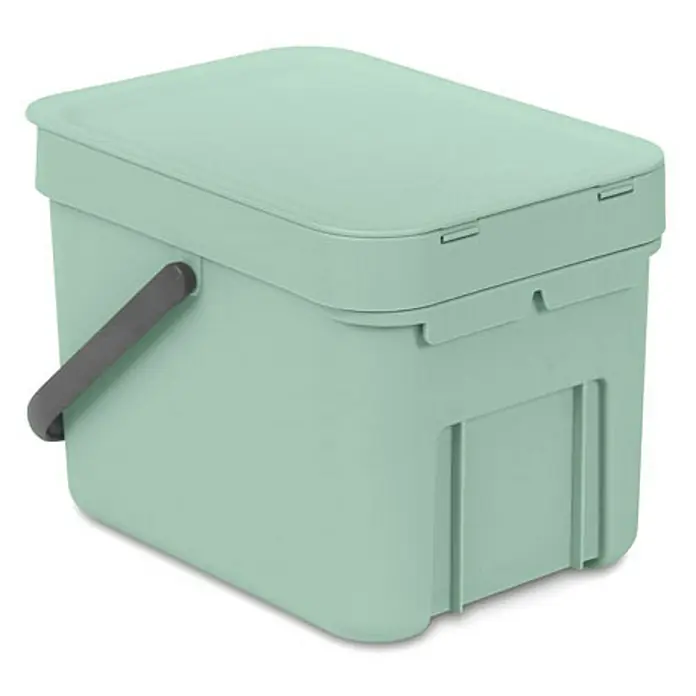 Proregal Standard-Mülleimer Brabantia Abfallsammler mit Stay-open Deckel - 6 l, Kunststoff, Jade - Ein mintgrüner Komposteimer mit grauem Griff und rechteckigem Deckel. Er ist ideal für die Sammlung von Küchenabfällen.