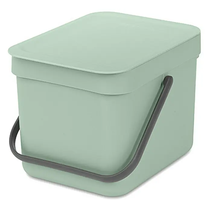 Proregal Standard-Mülleimer Brabantia Abfallsammler mit Stay-open Deckel - 6 l, Kunststoff, Jade - Ein hellgrüner Bio-Abfalleimer mit Deckel und grauem Griff, ideal für die Küche zur Kompostierung von organischen Abfällen.