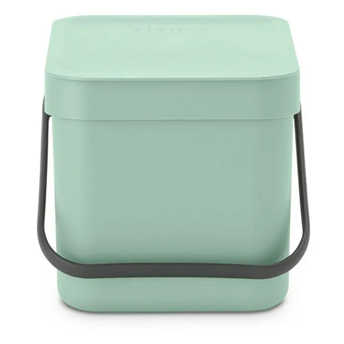 Proregal Standard-Mülleimer Brabantia Abfallsammler mit Stay-open Deckel - 6 l, Kunststoff, Jade - Eine mintgrüne Bio-Abfalltonne mit einem schwarzen Griff, die ein sauberes und stilvolles Design für die Küche bietet.