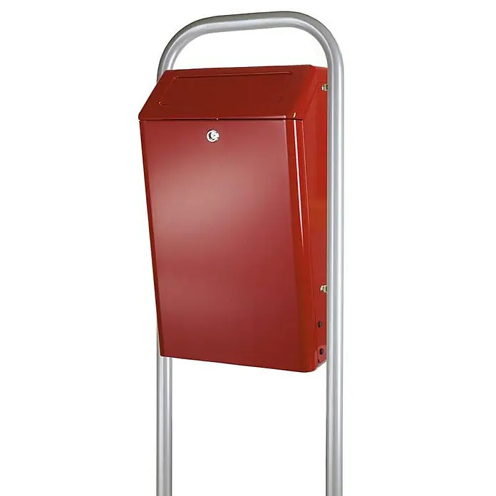 Proregal Standard Mülleimer Aluminium feuerfester Abfallbehälter für den Außenberreich mit Klappe - 50 l, Metall, Bordeaux - Roter Briefkasten mit Schloss, montiert auf einem silbernen Ständer. Ideal für den Empfang von Post und kleinen Paketen.