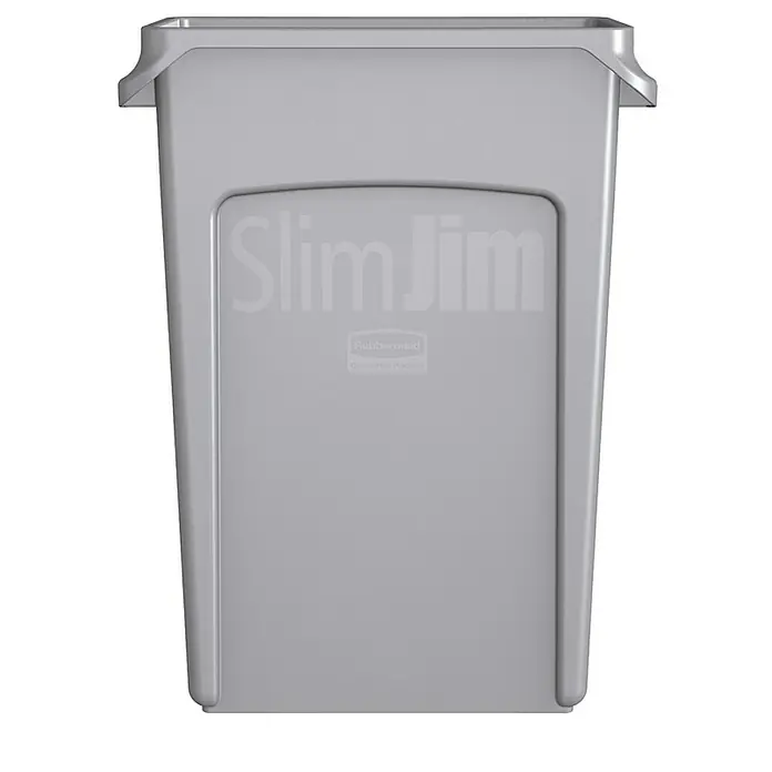 Proregal Standard-Mülleimer Rubbermaid Slim Jim Mülleimer mit Belüftungskanälen - 87 l, Kunststoff, Grau - Grauer Slim Jim-Mülleimer von Rubbermaid mit Griffen und schmalem Design, ideal für enge Räume und zur Abfalltrennung.