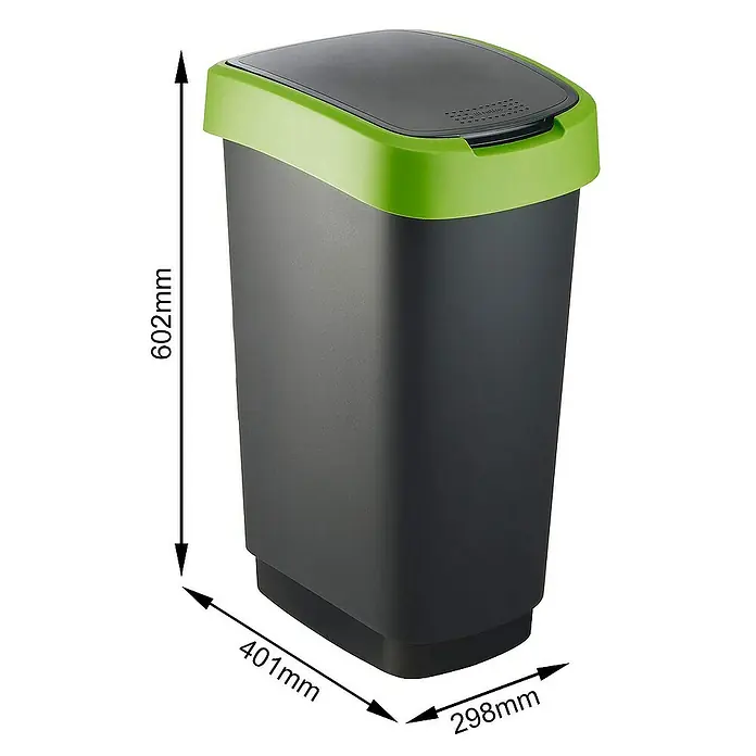 Proregal Standard Mülleimer Klassischer Abfalleimer für Innenbereich - 50 l, Kunststoff, Schwarz-Grün - Bild einer grauen Mülltonne mit grünem Deckel und Größenangaben in Millimetern für Höhe, Breite und Tiefe.