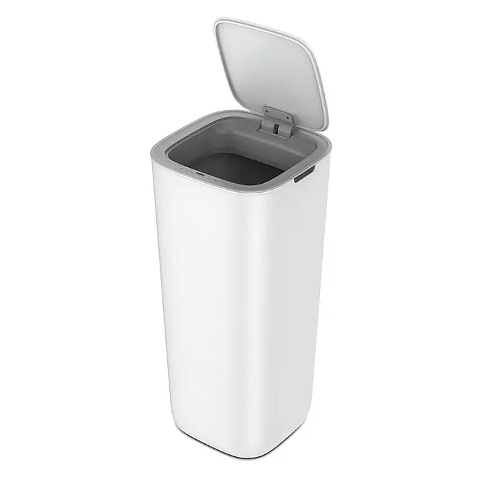 Proregal Sensormülleimer Moderner quadratischer Abfalleimer mit Smart Sensor - 30 l, Kunststoff, Weiß - Der weiße, eckige Abfalleimer mit grauem Deckel ist teilweise geöffnet und steht auf einem weißen Hintergrund. Praktisch & stilvoll!