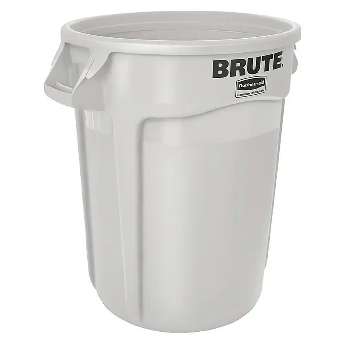 Proregal Standard-Mülleimer Rubbermaid Brute runde Mehrzwecktonne mit Belüftungskanälen - 121,1 l, Kunststoff, Weiß - Ein robuster, weißer Rubbermaid BRUTE Abfallbehälter für den gewerblichen Gebrauch, ideal für die Müllentsorgung.