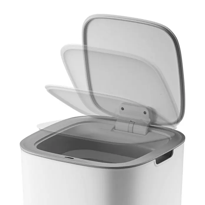 Proregal Sensormülleimer Moderner quadratischer Abfalleimer mit Smart Sensor - 30 l, Kunststoff, Weiß - Ein weißer, rechteckiger Treteimer mit einem sich öffnenden grauen Deckel. Ideal für Küche oder Bad und hygienische Entsorgung.
