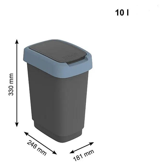 Proregal Standard-Mülleimer Klassischer Abfalleimer für Innenbereich - 10 l, Kunststoff, Schwarz-Blau - Bild eines grauen 10-Liter-Treteimers mit blaugrauem Deckel und den Maßen 330 mm Höhe, 248 mm Länge und 181 mm Breite.