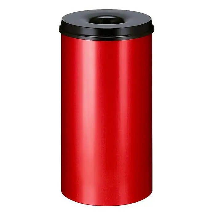 Proregal Papierkorb & Abfallsammler aus Metall selbstlöschend - 50 l, Metall, Rot, Kopfteil Schwarz - Ein moderner, roter Abfallbehälter mit schwarzem Deckel und einem runden Einwurfschlitz für Büros oder öffentliche Räume.