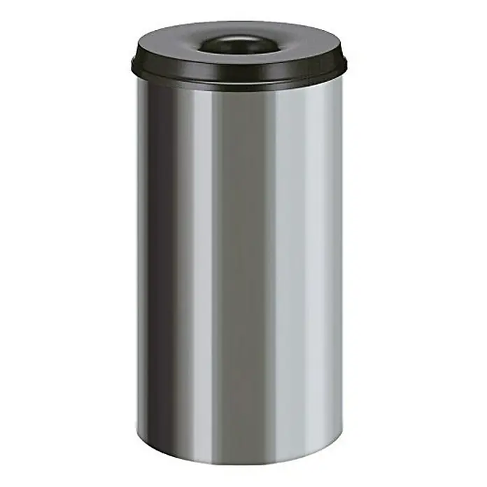 Proregal Papierkorb & Abfallsammler aus Edelstahl selbstlöschend - 50 l, Edelstahl, Silber, Kopfteil Schwarz - Moderner, zylindrischer Abfalleimer aus Edelstahl mit schwarzem Deckel und Einwurföffnung, ideal für stilvolle Müllentsorgung.