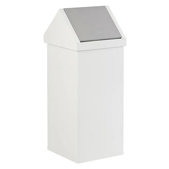 Proregal Standard-Mülleimer Eckiger Aluminium Abfallbehälter Haiti mit Swingdeckel - 110 l, Aluminium, Weiß - Ein weißer Abfallbehälter mit einem grauen, geneigten Deckel, ideal für Büros oder öffentliche Bereiche, bietet eine saubere und diskrete Entsorgungslösung.