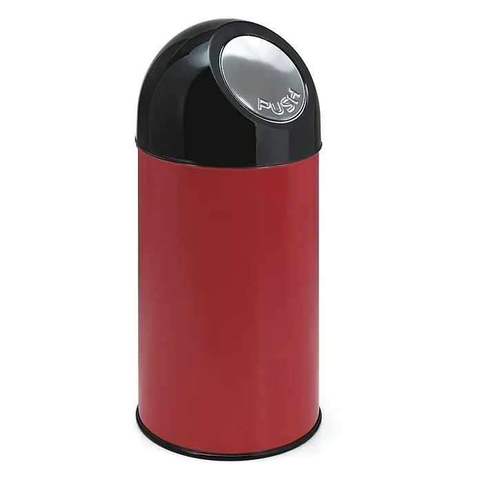 Proregal Schwingdeckeleimer Klassischer Abfallbehälter mit Pushdeckel und Inneneimer - 40 l, Metall, Rot - Ein roter Abfalleimer mit einem schwarzen Deckel und einem silbernen "PUSH"-Knopf. Der Abfalleimer ist zylindrisch und hat einen glänzenden Look.