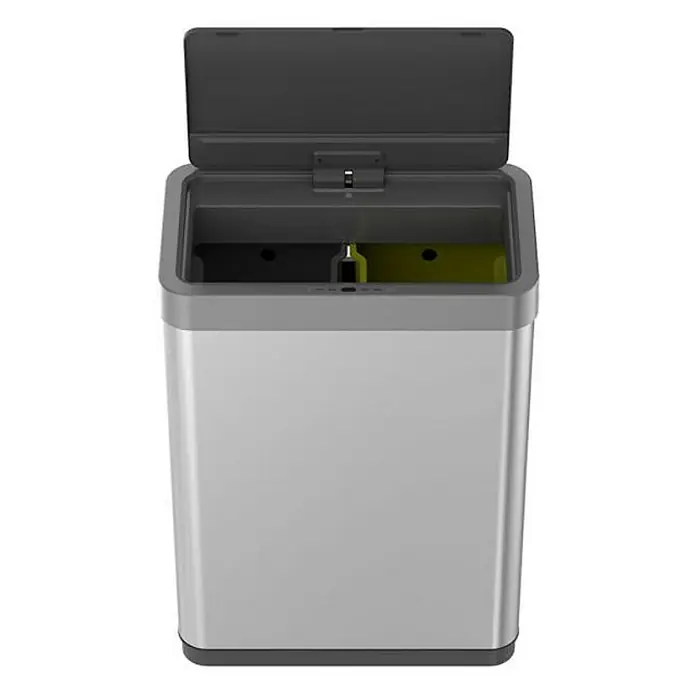 Proregal Sensormülleimer Sensor-Abfallbehälter aus mattem Edelstahl - 40 l, Edelstahl, Silber - Ein offener, silberfarbener Dual-Fach-Abfalleimer mit einem schwarzen Deckel. Ideal für Mülltrennung und stilvolle Abfallentsorgung.