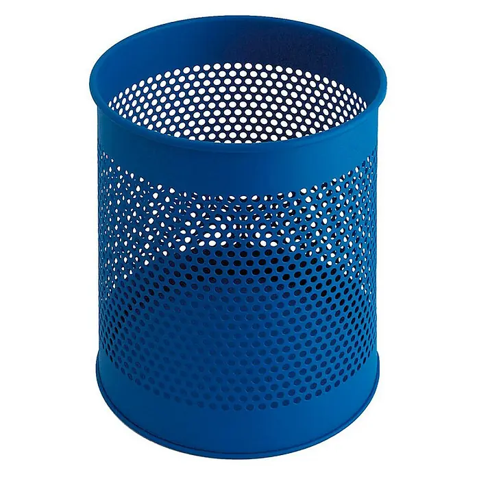 Proregal Papierkorb rund & perforiert aus Metall - 15 l, Metall, Blau - Ein blauer, zylindrischer Papierkorb aus perforiertem Metall mit verstärktem Rand und Boden für den Innenbereich.
