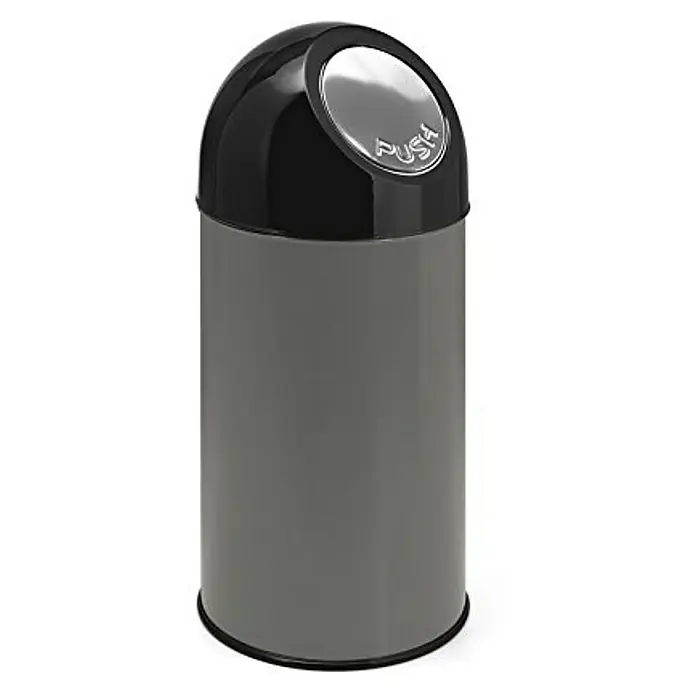 Proregal Schwingdeckeleimer Klassischer Abfallbehälter mit Pushdeckel - 40 l, Metall, Metallik Grau - Nahaufnahme eines runden, grauen Mülleimers mit einem schwarzen Deckel, der mit einem silbernen "PUSH"-Knopf versehen ist.