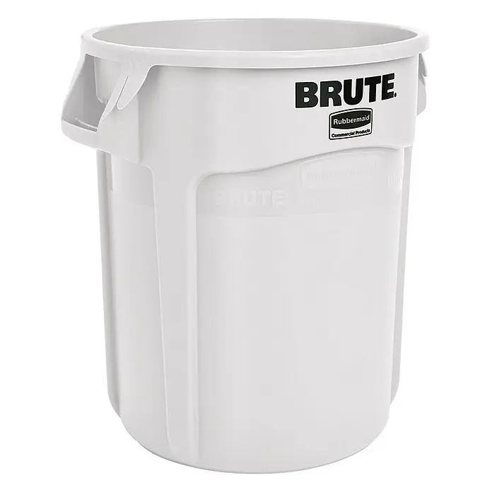 Proregal Standard-Mülleimer Rubbermaid Brute runde Mehrzwecktonne mit Belüftungskanälen - 37,9 l, Kunststoff, Weiß - Abbildung eines weißen Rubbermaid Brute Mülleimers für den gewerblichen Gebrauch, ideal für Abfallentsorgung und Recycling in Industrie und Gewerbe.