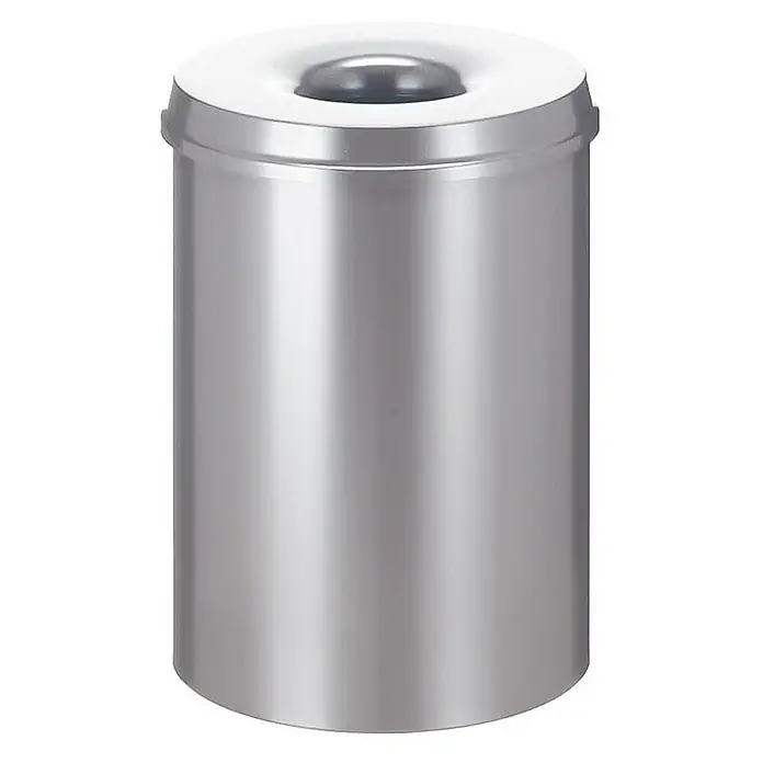 Proregal Papierkorb & Abfallsammler aus Metall selbstlöschend - 30 l, Metall, Silber - Abbildung eines runden, silberfarbenen Mülleimers aus Edelstahl mit einem gewölbten Deckel und einer großen Öffnung für Abfall.
