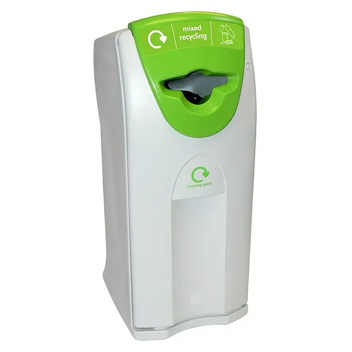 Proregal Standard Mülleimer Wertstoffsammler Maxi Envirobin mit Einwurfsöffnung "Propeller" - 140 l, Kunststoff, Grau, Einwurf Grün - Ein weißer Recyclingbehälter mit grünen Akzenten und Symbolen für gemischtes Recycling.