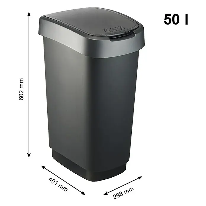 Proregal Standard Mülleimer Klassischer Abfalleimer für Innenbereich - 50 l, Kunststoff, Schwarz-Silber - Grauer 50-Liter-Treteimer mit den Maßen 602 mm Höhe, 401 mm Breite und 298 mm Tiefe. Ideal für Küche oder Bad.
