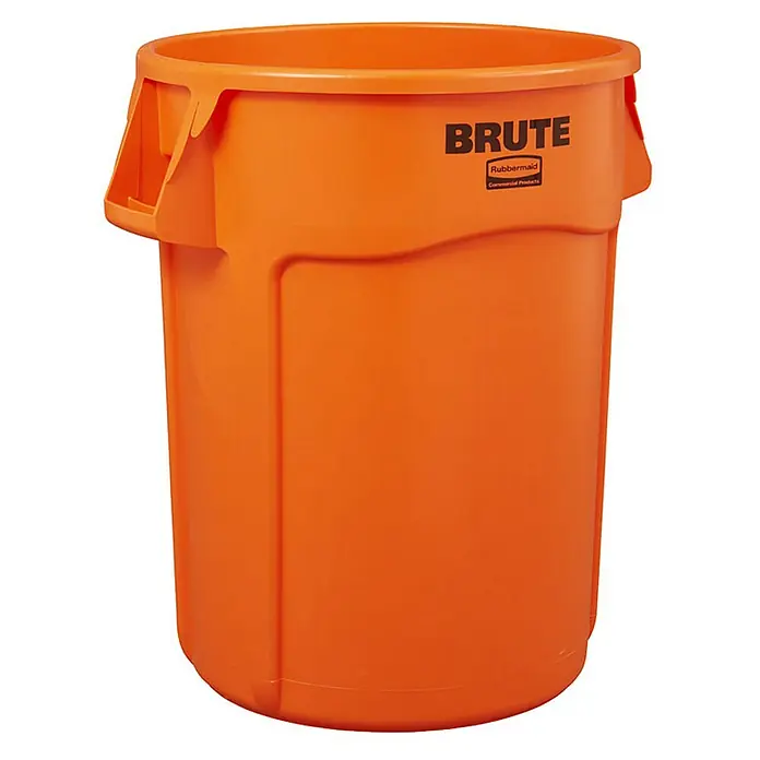 Proregal Standard-Mülleimer Rubbermaid Brute runde Mehrzwecktonne mit Belüftungskanälen - 121,1 l, Kunststoff, Orange - Ein orangefarbener, robuster Brute-Mülleimer von Rubbermaid Commercial Products, ideal für den gewerblichen Einsatz und die Abfallentsorgung.