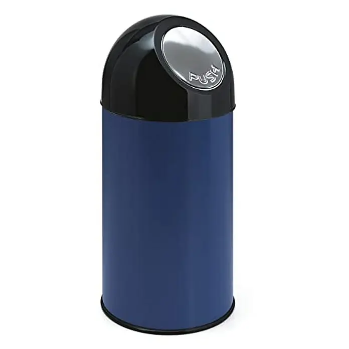 Proregal Schwingdeckeleimer Klassischer Abfallbehälter mit Pushdeckel - 40 l, Metall, Blau - Blauer Abfallbehälter mit schwarzem Deckel und silberner "Push"-Öffnung. Ideal für Büro oder Bad, bietet der Mülleimer Funktionalität mit Stil.