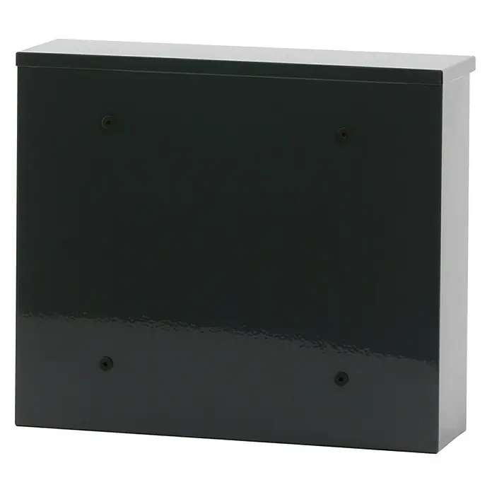 Proregal Wandbriefkasten Granadan aus Stahl mit Einwurfsklappe - Anthrazit, Stahl - Ein dunkelgrauer Briefkasten aus Metall, der zur Wandmontage geeignet ist, mit vier sichtbaren Schrauben.