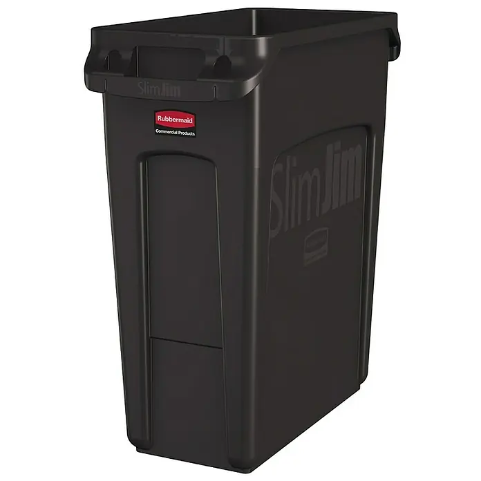 Rubbermaid Slim Jim Mülleimer mit Belüftungskanälen | 60 Liter, HxBxT 63,5x28x56cm | Braun -  - Schwarzer Rubbermaid Slim Jim Abfallbehälter, schlankes Design, ideal für enge Räume, mit integrierten Griffen und robustem Kunststoff.