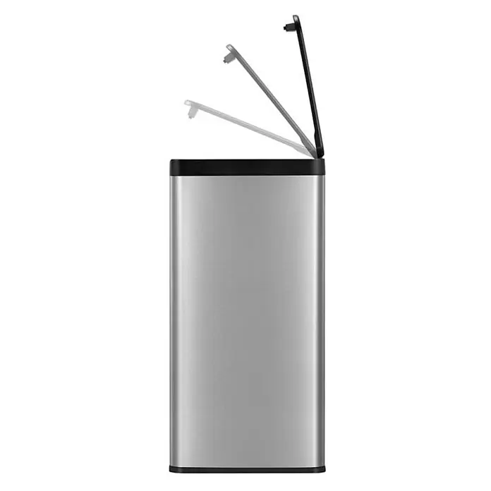 Proregal Standard-Mülleimer - 40 l, Edelstahl, Silber - Silberfarbener, rechteckiger Mülleimer mit schwarzem Deckel, der in verschiedenen Öffnungsstadien dargestellt ist.