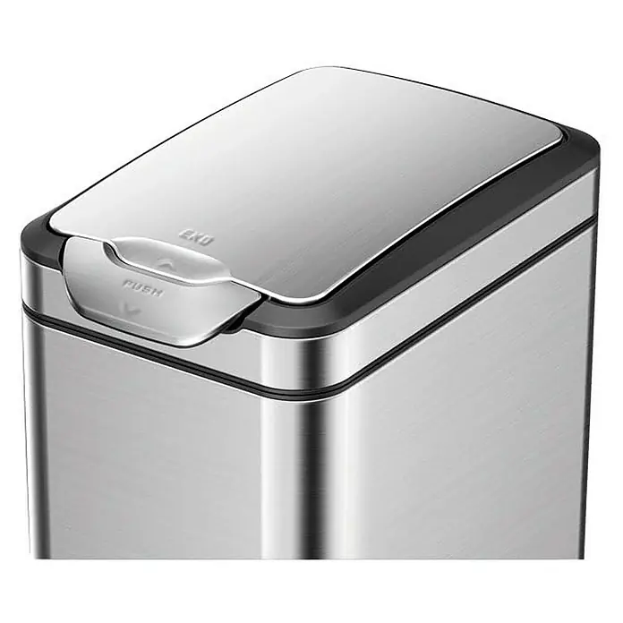 Proregal Standard-Mülleimer Modern designter Abfallsammler aus gebürstetem Edelstahl - 30 l, Edelstahl, Silber - Bild eines silberfarbenen, rechteckigen Mülleimers aus Edelstahl mit Push-Öffnung. Der Mülleimer hat einen glänzenden Deckel und ein modernes Design.