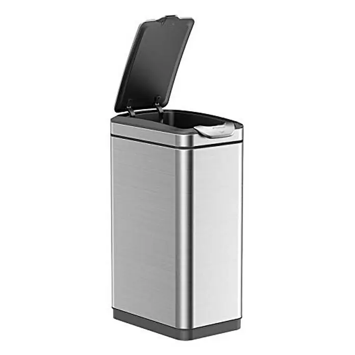 Proregal Standard-Mülleimer Modern designter Abfallsammler aus gebürstetem Edelstahl - 30 l, Edelstahl, Silber - Ein silberner, rechteckiger Mülleimer aus Edelstahl mit offenem, schwarzem Deckel für eine hygienische Abfallentsorgung.