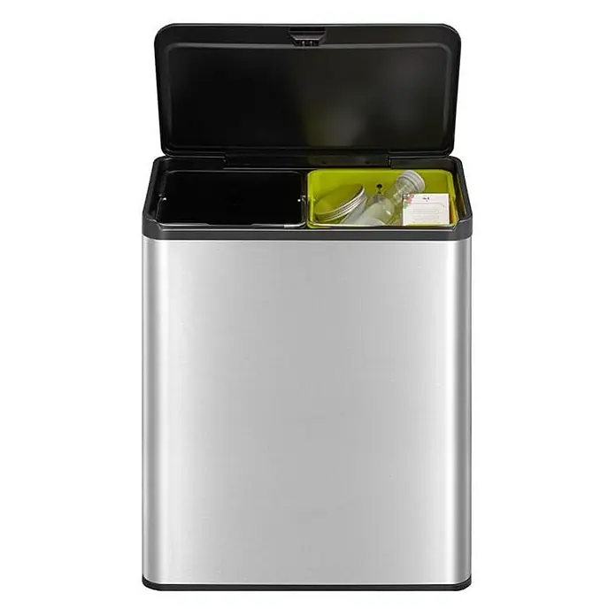 Proregal Standard-Mülleimer - 40 l, Edelstahl, Silber - Abfalltrennsystem mit zwei Fächern, offenem Deckel und Behältern für Restmüll und Wertstoffe, ideal für die Küchenabfalltrennung.