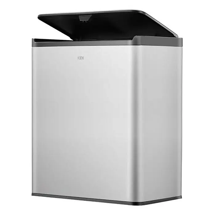 Proregal Standard-Mülleimer - 40 l, Edelstahl, Silber - Ein moderner, silberner Abfalleimer mit offenem, schwarzem Deckel, ideal für Küche oder Büro. Stilvoll und praktisch.