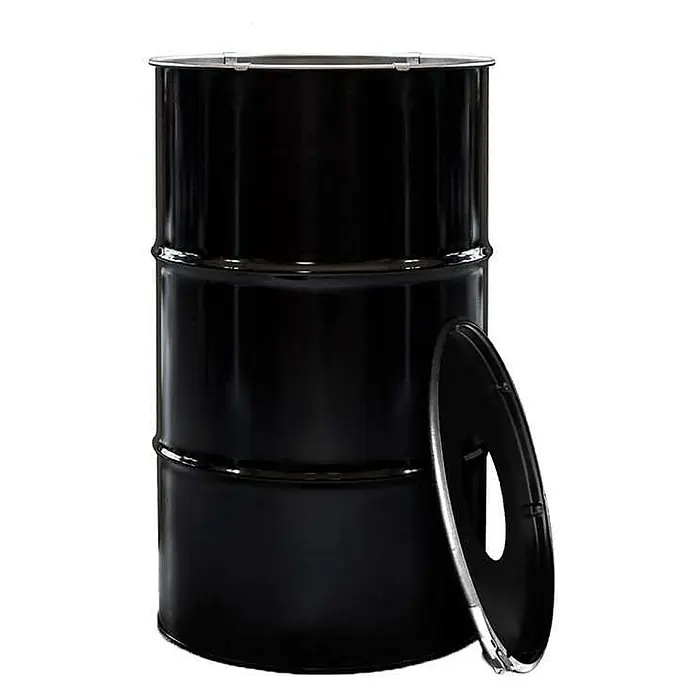 Proregal Standard-Mülleimer Robuste Abfalltonne mit Einwurf-Öffnung - 120 l, Metall, Schwarz - Schwarzes 208-Liter-Fass mit abnehmbarem Deckel, ideal für industrielle Lagerung und Transport von Flüssigkeiten und Schüttgütern.