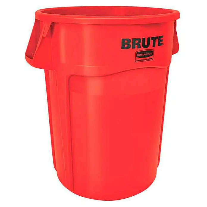 Proregal Standard-Mülleimer Rubbermaid Brute runde Mehrzwecktonne mit Belüftungskanälen - 166,5 l, Kunststoff, Rot - Robuster, roter Rubbermaid Brute Abfalleimer für den gewerblichen Einsatz mit verstärkten Griffen und langlebigem Design.