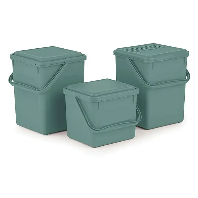 Proregal Standard Mülleimer Robuster Abfalleimer mit geruchsdichtem Deckel - 5 l, Kunststoff, Grün - Drei grüne Kompostbehälter aus Kunststoff mit Deckel und Griff, ideal für die Küche zur Sammlung von Bioabfällen.