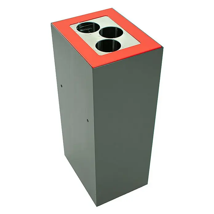 Proregal Mülltrennsystem Robust & modular - 60 l, Stahl, Anthrazit - Ein grauer Abfallbehälter mit rotem Rand und mehreren runden Öffnungen oben, ideal für die Mülltrennung und stilvolle Abfallentsorgung.