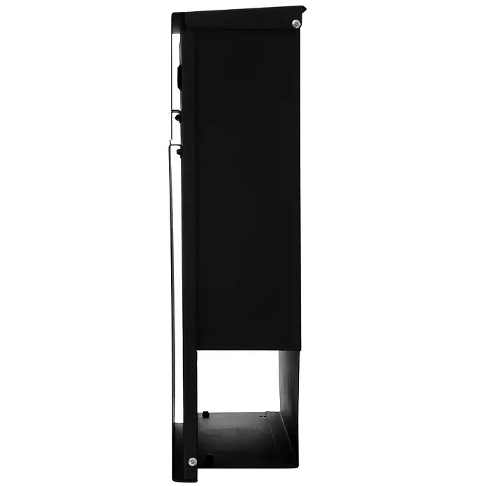 Proregal Wandbriefkasten Briefkasten - Schwarz, Metall, Zeitungsfach - Seitenansicht eines schwarzen Kamins mit Holzfach. Das schlanke Design bietet Stauraum für Brennholz und ist eine stilvolle Ergänzung für jeden Raum.