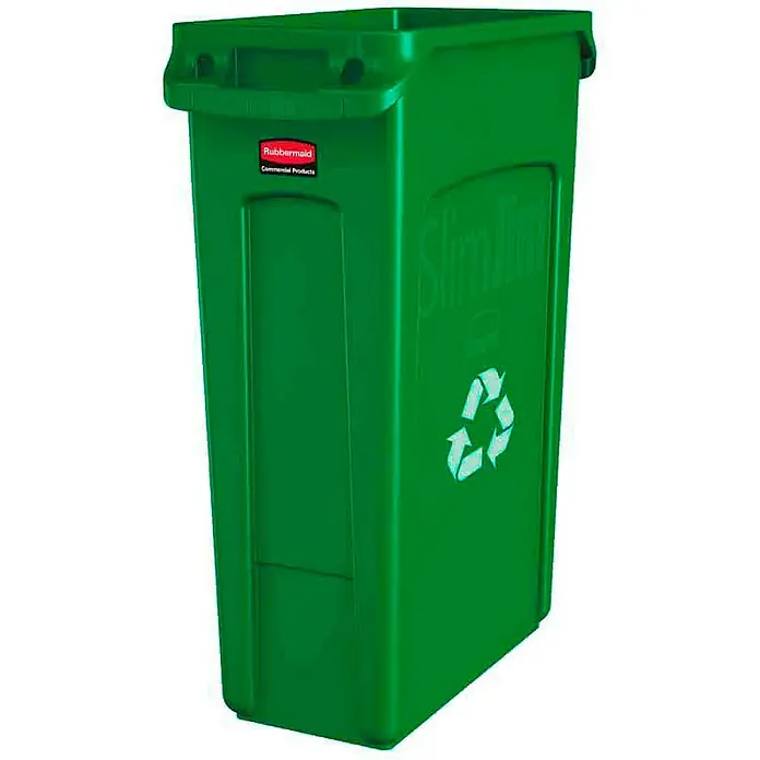 Proregal Standard-Mülleimer Rubbermaid Slim Jim Mülleimer mit Belüftungskanälen - 87 l, Kunststoff, Grün, Recyclingsymbol - Grüner Rubbermaid Slim Jim Recycling-Behälter für die Mülltrennung mit Recycling-Symbol und schlankem Design für enge Räume.