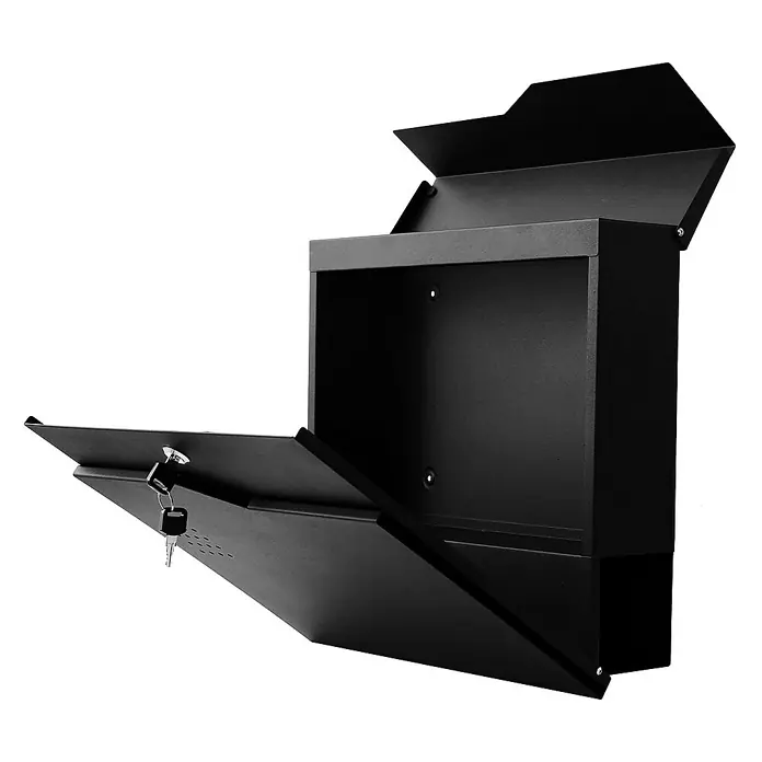 Proregal Wandbriefkasten Briefkasten - Schwarz, Metall, Zeitungsfach - Abgebildeter schwarzer Briefkasten mit geöffneter Klappe und Schlüssel, der die sichere Postaufbewahrung und den Schutz der Privatsphäre gewährleistet.