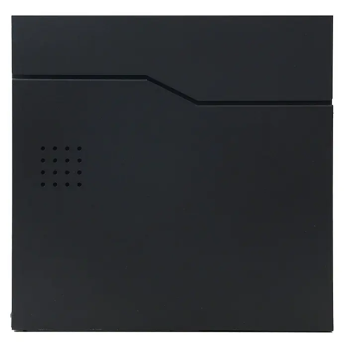 Proregal Wandbriefkasten Briefkasten - Schwarz, Metall, Zeitungsfach - Nahaufnahme einer schwarzen, quadratischen Überwachungskamera mit einem Lochmuster auf der linken Seite und einer modernen Nut auf der Oberseite.
