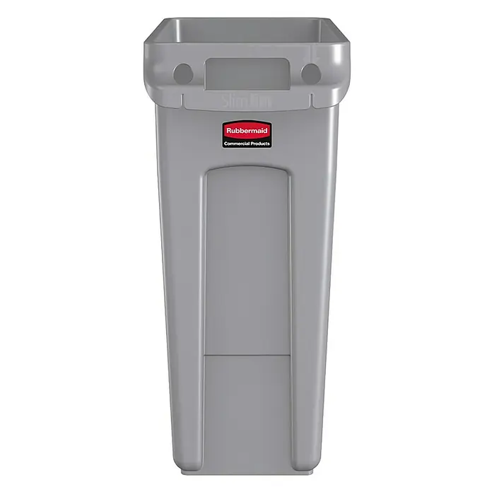 Proregal Standard-Mülleimer Rubbermaid Slim Jim Mülleimer mit Belüftungskanälen - 60 l, Kunststoff, Grau - Grauer Rubbermaid Slim Jim Abfallbehälter für Gewerbe, ideal für enge Räume und effiziente Abfallentsorgung.