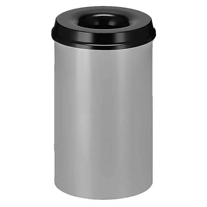 Proregal Papierkorb & Abfallsammler aus Metall selbstlöschend - 20 l, Metall, Alu-Grau, Kopfteil Schwarz - Ein zylindrischer Abfallbehälter mit einem schwarzen, trichterförmigen Deckel, ideal für öffentliche Räume und Büros.