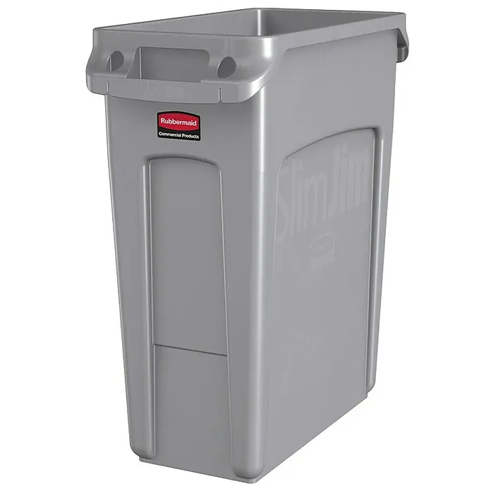 Proregal Standard-Mülleimer Rubbermaid Slim Jim Mülleimer mit Belüftungskanälen - 60 l, Kunststoff, Grau - Ein grauer Rubbermaid Slim Jim Abfallbehälter für den gewerblichen Gebrauch. Ideal für enge Räume, robust und platzsparend.