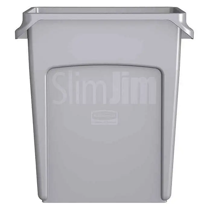 Proregal Standard-Mülleimer Rubbermaid Slim Jim Mülleimer mit Belüftungskanälen - 60 l, Kunststoff, Grau - Abbildung eines grauen Rubbermaid Slim Jim Behälters, ideal für die Abfallentsorgung in beengten Räumen. Er ist robust und platzsparend.