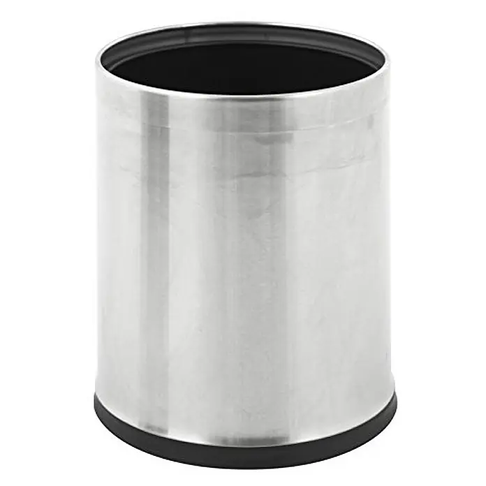 Proregal Papierkorb elegant & doppelwandig aus Edelstahl - 10 l, Edelstahl, Matt Edelstahl - Metallischer, zylindrischer Abfalleimer mit schwarzem Rand oben und unten. Der Eimer ist leer und innen schwarz ausgekleidet.
