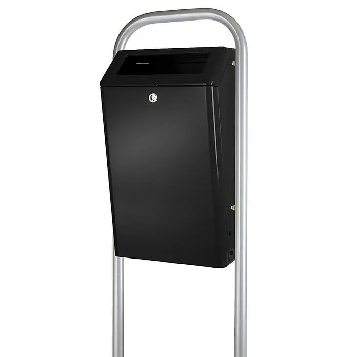 Proregal Standard Mülleimer Aluminium feuerfester Abfallbehälter für den Außenberreich offen - 50 l, Metall, Schwarz - Bild einer schwarzen, abschließbaren Abfallbox auf einem silbernen Ständer. Die Müllbox ist robust und für den Außenbereich geeignet.