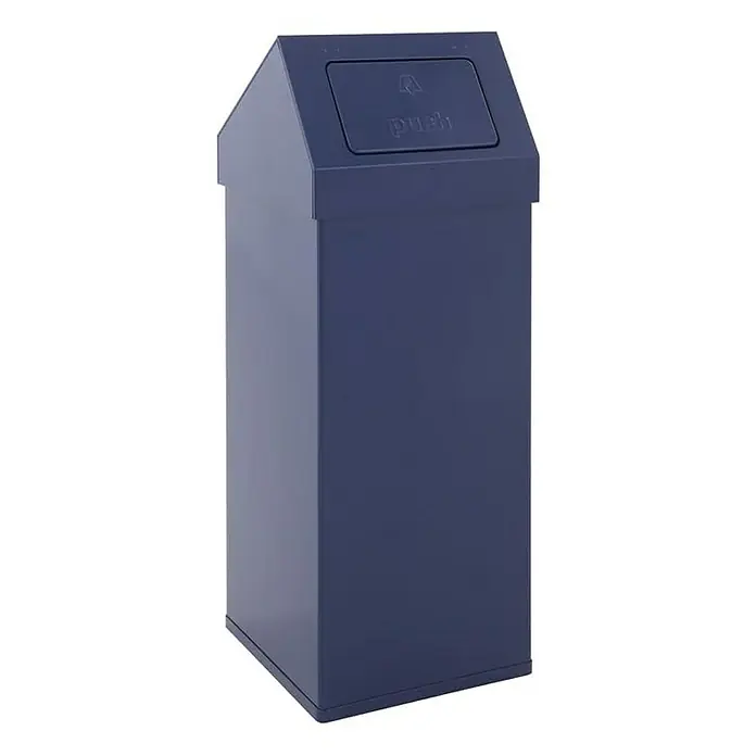 Proregal Schwingdeckeleimer Eckiger Aluminium Abfallbehälter Haiti mit Push-Deckel - 110 l, Aluminium, Blau - Blauer rechteckiger Mülleimer mit schrägem Deckel und "Push"-Aufschrift, ideal für Büros oder öffentliche Räume.