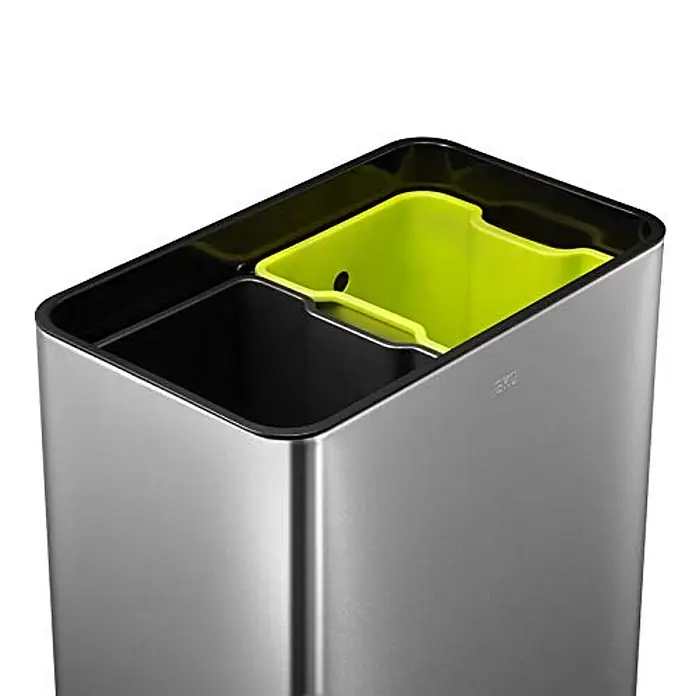 Proregal Standard Mülleimer Schöner Abfalleimer aus gebürstetem Edelstahl mit breiter Touch-Öffnung - 40 l, Edelstahl, Silber - Ein moderner Mülleimer mit zwei Fächern in Schwarz und Limettengrün für eine einfache Mülltrennung.